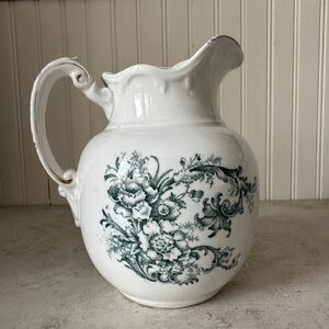 Antique Maddocks England Ironstone Green Transfer Floral Pitcher Jug Gold 7.5”